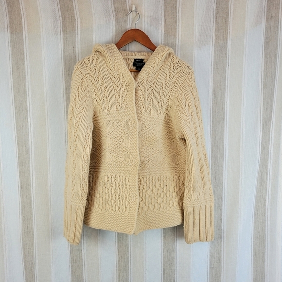 Vintage American Eagle 100% Lambswool Hooded Cardigan Sweater Cream‎ Extra Large - Picture 1 of 9